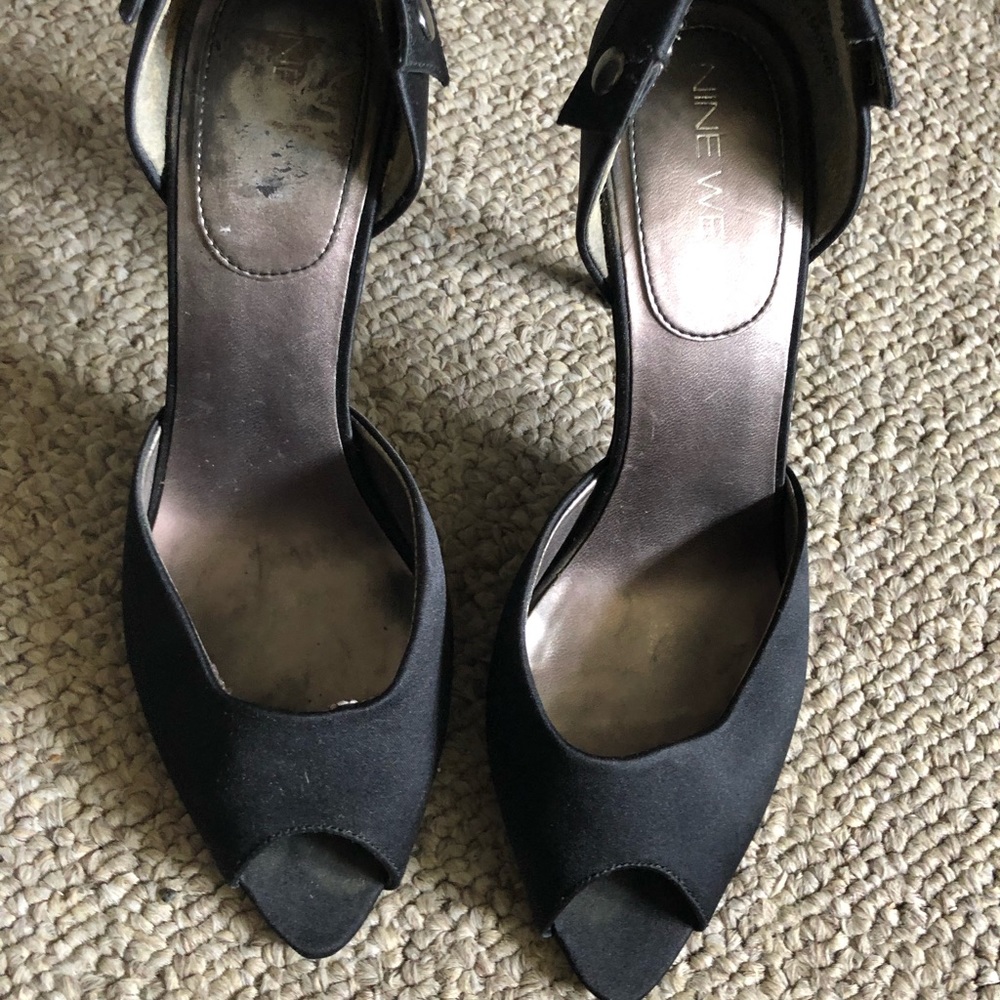 Black satin open toe heels